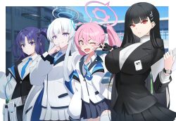 Rule 34 | + +, 4girls, 4uu (radicalmp head), belt, belt pouch, black gloves, black hair, black skirt, black suit, blue archive, blue necktie, blunt bangs, bright pupils, collared shirt, commentary request, fang, fingerless gloves, formal, gloves, grey hair, hair ornament, hairclip, halo, hand on own chin, hand up, headphones, highres, holding, holding tablet pc, id card, jacket, koyuki (blue archive), lanyard, long hair, mechanical halo, miniskirt, multiple girls, necktie, noa (blue archive), off shoulder, open clothes, open jacket, open mouth, parted bangs, partial commentary, pink eyes, pink hair, pleated skirt, pouch, purple eyes, purple hair, red eyes, rio (blue archive), school, shirt, sidelocks, skirt, smile, suit, sweater, tablet pc, turtleneck, turtleneck sweater, twintails, two-sided fabric, two-sided jacket, two side up, v, very long hair, white belt, white jacket, white shirt, white suit, white sweater, yuuka (blue archive)