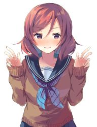 Rule 34 | 10s, 1girl, bad id, bad pixiv id, blush, long hair, long sleeves, looking at viewer, love live!, love live! school idol project, neckerchief, nishikino maki, open mouth, pink eyes, profile, red hair, school uniform, serafuku, simple background, solo, striped neckerchief, ultone (neisiss), white background