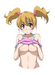 Rule 34 | 00s, 1girl, blonde hair, breasts, cleavage, clothes lift, fresh precure!, hand under clothes, large breasts, lifting own clothes, looking at viewer, momozono love, nanashishi, precure, red eyes, short hair, simple background, smile, solo, twintails, underboob, white background