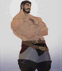 Rule 34 | 1boy, abs, arm hair, bara, beard, belt, black hair, boots, bulge, buzz cut, castlevania (series), castlevania: nocturne, cheekbones, crossed arms, facial hair, feet out of frame, from side, hairy, highres, large pectorals, leather, male focus, mature male, mizrak (castlevania), muscular, muscular male, navel hair, old, old man, pectorals, ryder (fares0teb), short hair, solo, sparse chest hair, standing, thick eyebrows, thick mustache, thick thighs, thigh boots, thighs, topless male, very short hair, wrinkled skin