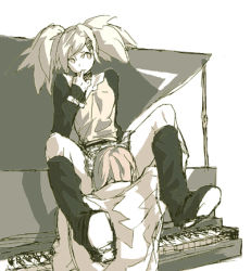 Rule 34 | 1boy, 1girl, bad id, bad pixiv id, boots, cunnilingus, finger to mouth, grand piano, hetero, implied cunnilingus, inactive account, instrument, long hair, lowres, monochrome, oral, piano, skirt, toshiki