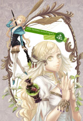 Rule 34 | 2girls, blonde hair, borrowed character, bracelet, braid, braided bangs, copyright name, emi (pixiv fantasia), fairy, fairy wings, feather hair ornament, fingernails, flat chest, flower, green eyes, green nails, grey eyes, hair ornament, heterochromia, highres, jewelry, lips, long fingernails, long hair, melody mi1112, mini person, minigirl, multicolored nails, multiple girls, nail art, nail polish, necklace, pixiv fantasia, pixiv fantasia sword regalia, pointy ears, r-riru (pixiv fantasia), ring, short hair with long locks, sidelocks, smile, thighhighs, tongue, tongue out, wavy hair, white flower, wings, yellow eyes