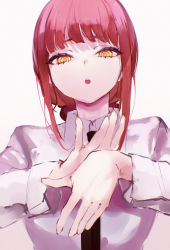 1girl :o absurdres black_necktie blunt_bangs chainsaw_man collared_shirt highres looking_at_viewer makima_(chainsaw_man) mile_(off8mile) necktie own_hands_together pink_hair red_hair ringed_eyes shirt simple_background solo teeth upper_body upper_teeth_only white_background white_shirt yellow_eyes