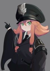 Rule 34 | 1girl, :3, armband, ash arms, black gloves, commentary request, gloves, green eyes, grey background, hand on own hip, hat, highres, looking at viewer, military, military uniform, necktie, orange hair, oversized clothes, peaked cap, solo, sword, tsurime, uniform, user ggcu3377, weapon, wide sleeves