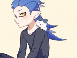 Rule 34 | 1boy, ^ ^, black shirt, blue hair, cat, closed eyes, closed mouth, collarbone, commentary, eyelashes, fangs, inkling, inkling boy, inkling player character, inuowour, long hair, nintendo, open mouth, pointy ears, shirt, simple background, solo, splatoon (series), symbol-only commentary, yellow background, yellow eyes