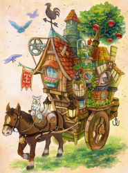 Rule 34 | :3, apple, bell, bird, birdcage, cage, carriage, chicken, chimney, commentary request, dog, fantasy, faucet, fish, flag, flower, food, fruit, grass, grey background, hook, horse, horseback riding, kemi neko, lantern, leaf, looking at viewer, no humans, original, plank, plant, potted plant, reins, riding, rooster, sheep, tongue, tongue out, tree, walking, water, windmill, window