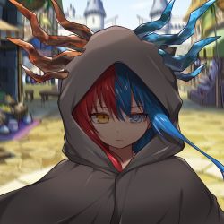 Rule 34 | 1girl, blue eyes, blue fire, blue hair, blue horns, blurry, blurry background, bright pupils, castle, cloak, commission, commissioner upload, day, dragon girl, dragon horns, expressionless, fire, food, highres, hood, hood up, hooded cloak, horns, inferna dragnis (xoldrek), long hair, looking at viewer, market, market stall, multicolored hair, original, outdoors, shaded face, shield, solo, split-color hair, standing, usagi1923, white pupils