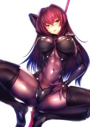 Rule 34 | 1girl, bodysuit, covered navel, covered erect nipples, fate/grand order, fate (series), highres, long hair, looking at viewer, polearm, purple hair, scathach (fate), scathach (fate), silly (marinkomoe), solo, spear, squatting, weapon, white background