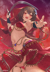Rule 34 | 1girl, anklet, arm up, armpits, arpeggio kaga, bare shoulders, belly chain, breasts, brown hair, commentary request, commission, dancer, flower, gem, gold trim, hair flower, hair ornament, harem outfit, highres, holding, holding sword, holding weapon, jewelry, looking at viewer, medium breasts, midriff, navel, open mouth, orange eyes, original, outstretched arm, red eyes, red skirt, revealing clothes, saber (weapon), shamshir, sharifah ozdil, shawl, short hair, skeb commission, skirt, smile, solo, stomach, sword, veil, weapon