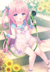 Rule 34 | 1girl, :d, black footwear, blue bow, blue sailor collar, bow, breasts, commentary request, dress, feet out of frame, flower, frilled dress, frills, hair bow, hair ornament, hairclip, highres, holding, hose, looking at viewer, one side up, open mouth, original, pink hair, purple eyes, sailor collar, sailor dress, sandals, sitting, sitting on stairs, sleeveless, sleeveless dress, small breasts, smile, solo, stairs, stone stairs, sunflower, usashiro mani, water, white flower, wrist cuffs, yellow flower