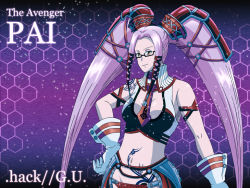 Rule 34 | .hack//, .hack//g.u., 00s, 1girl, bandai, cyber connect 2, female focus, glasses, gloves, hair ornament, kroze, long hair, midriff, necktie, pi (.hack//), pink hair, red eyes, solo, tattoo, twintails, very long hair