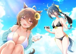 Rule 34 | 2girls, :d, absurdres, agnes tachyon (umamusume), ahoge, bikini, bird, black bikini, black hair, blue jacket, blue sky, bottle, breast envy, breasts, brown hair, can, cleavage, cloud, collarbone, commentary request, day, earrings, flower, front-tie bikini top, front-tie top, hair between eyes, hair flower, hair ornament, hair ribbon, highres, holding, holding bottle, holding can, horse girl, jacket, jewelry, large breasts, long hair, looking at viewer, manhattan cafe (umamusume), multiple girls, nonexistent memories (jujutsu kaisen), off shoulder, open mouth, outdoors, red eyes, ribbon, ryochapu, seagull, short hair, side-tie bikini bottom, single bare shoulder, single earring, sky, small breasts, smile, squatting, standing, sunflower, swimsuit, umamusume, very long hair, white bikini, yellow eyes, yellow ribbon