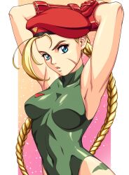 Rule 34 | 1girl, armpits, arms behind head, arms up, blonde hair, blue eyes, braid, breasts, cammy white, closed mouth, fingerless gloves, gloves, green leotard, highres, large breasts, leotard, looking at viewer, red gloves, red headwear, sirknightbot, solo, street fighter, street fighter 6, twin braids, upper body