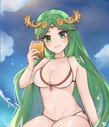 Rule 34 | 1girl, alternate costume, bikini, blush, bracelet, breasts, bubble tea, cloud, cup, drinking straw, eyelashes, forehead jewel, green eyes, green hair, highres, holding, holding cup, jewelry, kid icarus, long hair, looking at viewer, navel, nintendo, ocean, palutena, purrlucii, signature, sky, smile, sparkle, string bikini, sunlight, swimsuit