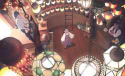 Rule 34 | 1girl, 2boys, bad id, bad pixiv id, brown eyes, brown hair, cup, dress, eko-des-co, facial hair, from above, hat, ladder, lamp, looking up, multiple boys, mustache, open mouth, smoking pipe