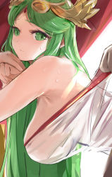 Rule 34 | 1girl, ancient greek clothes, armpits, bare shoulders, blush, breasts, chiton, clothes grab, crown, curtains, dress, from side, green eyes, green hair, hanging breasts, highres, kid icarus, large breasts, long hair, looking at viewer, looking to the side, nintendo, own hands together, palutena, parted bangs, see-through, simple background, solo focus, strapless, strapless dress, sweat, tomas (kaosu22), upper body, white background, white dress