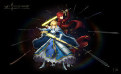 Rule 34 | 1boy, 1girl, absurdres, armor, armored boots, armored dress, artoria pendragon (all), artoria pendragon (fate), back-to-back, blonde hair, blue cape, blue dress, boots, braid, braided bun, brown eyes, caliburn (fate), cape, copyright name, crown, dress, emiya shirou, excalibur (fate/stay night), fate/stay night, fate (series), full body, fur trim, gauntlets, gt shoukyou, hair bun, highres, holding, holding sword, holding weapon, looking at viewer, red hair, saber (fate), scabbard, sheath, short hair, signature, spiked hair, sword, weapon