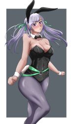 Rule 34 | 1girl, black clover, blush, breasts, cicimart18, cleavage, curvy, grey hair, highres, large breasts, leotard, no bra, noelle silva, pantyhose, playboy bunny, pout, purple eyes, rabbit ears, simple background, thick thighs, thighhighs, thighs, twintails