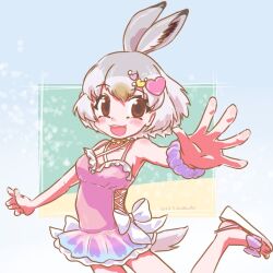 Rule 34 | 1girl, :3, animal ears, bare shoulders, blush, bow, brown eyes, brown hair, cowboy shot, extra ears, footwear bow, frilled one-piece swimsuit, frills, grey hair, hair between eyes, hair ornament, heart, heart hair ornament, kemono friends, kemono friends 3, looking at viewer, mountain hare (kemono friends), multicolored hair, necktie, official alternate costume, one-piece swimsuit, open mouth, p alti, pink one-piece swimsuit, rabbit ears, rabbit girl, rabbit tail, sandals, scrunchie, short hair, sidelocks, smile, solo, spaghetti strap, standing, standing on one leg, swimsuit, tail, waist bow, white hair, wrist scrunchie, yellow necktie