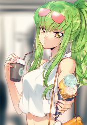 Rule 34 | 1girl, bare shoulders, breasts, c.c., code geass, coffee cup, creayus, cup, disposable cup, eyewear on head, food, food on face, green hair, hair between eyes, ice cream, ice cream cone, incoming food, long hair, looking at viewer, medium breasts, ponytail, sleeveless, solo, sunglasses, upper body, yellow eyes