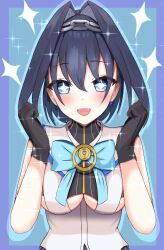 Rule 34 | 1girl, absurdres, black gloves, blue eyes, blue hair, blue ribbon, breasts, chain, chain headband, gloves, highres, hololive, hololive english, looking at viewer, medium breasts, ouro kronii, ouro kronii (1st costume), panpanmc4, ribbon, sparkling eyes, underboob, virtual youtuber