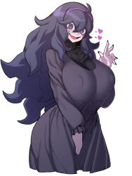 Rule 34 | 1girl, @ @, alternate breast size, black dress, black hair, black nails, blue eyes, breasts, covered erect nipples, crazy smile, creatures (company), dress, game freak, hairband, heart, hex maniac (pokemon), highres, hip focus, huge breasts, long hair, looking at viewer, nail polish, nintendo, npc trainer, pokemon, pokemon xy, simple background, smile, solo, spacezin, white background