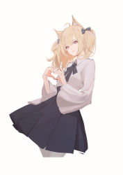 Rule 34 | 1girl, absurdres, ahoge, animal ear fluff, animal ears, arknights, black bow, black skirt, blonde hair, bow, closed mouth, collared shirt, commentary request, cowboy shot, cropped legs, grey pantyhose, hair between eyes, hair bow, hands up, heart, heart hands, highres, long sleeves, looking at viewer, pantyhose, pleated skirt, red eyes, shirt, simple background, skirt, solo, sora (arknights), storia, twintails, white background, white shirt, wide sleeves