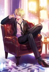 Rule 34 | 1boy, alcohol, bad id, bad pixiv id, black footwear, black necktie, black pants, blonde hair, carnelian, chair, crossed legs, cup, drinking glass, fate/grand order, fate/zero, fate (series), formal, full body, gilgamesh (fate), highres, holding, holding cup, holding drinking glass, indoors, lamp, looking at viewer, male focus, messy hair, necktie, pants, red eyes, shoes, sitting, smile, solo, suit, table