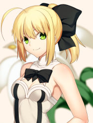 Rule 34 | 1girl, ahoge, artoria pendragon (fate), bare shoulders, blonde hair, bow, dress, fate/stay night, fate/unlimited codes, fate (series), green eyes, hair bow, looking at viewer, ponytail, saber (fate), saber lily, short hair, skylader, smile, solo