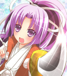 Rule 34 | 1girl, clenched hand, glint, japanese clothes, looking at viewer, meira (touhou), pointing sword, ponytail, purple eyes, purple hair, ranran (iaotak), solo, sword, touhou, touhou (pc-98), weapon