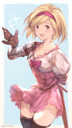 Rule 34 | 10s, 1girl, absurdres, bad id, bad pixiv id, black thighhighs, blonde hair, blush, breasts, brown eyes, cleavage, collarbone, djeeta (granblue fantasy), granblue fantasy, hairband, highres, large breasts, looking at viewer, milli0401, open mouth, short hair, smile, solo, thighhighs, twitter username
