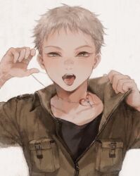 Rule 34 | 1boy, adjusting clothes, adjusting necklace, bandaid, bandaid on face, bandaid on nose, breast pocket, brown shirt, clothes grab, grey eyes, grey hair, half-closed eyes, hands up, heart, heart tattoo, highres, jewelry, looking at viewer, male focus, mame (mmgamegg), neck tattoo, necklace, open mouth, original, piercing, pocket, shirt, short hair, simple background, solo, tattoo, tongue, tongue out, tongue piercing, undershirt, upper body, white background, zipper