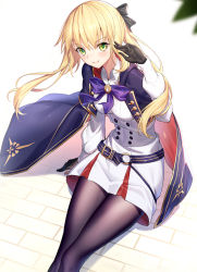 Rule 34 | 1girl, artoria caster (fate), artoria caster (second ascension) (fate), artoria pendragon (fate), black pantyhose, blonde hair, blush, breasts, capelet, dress, fate/grand order, fate (series), floating hair, gloves, green eyes, hair between eyes, hair ribbon, hand up, highres, legs together, long hair, long sleeves, looking at viewer, multicolored capelet, no headwear, pantyhose, ribbon, ririko (zhuoyandesailaer), sidelocks, sitting, smile, solo, twintails, unworn headwear, wind