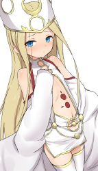 Rule 34 | 1girl, abigail williams (fate), bare shoulders, blonde hair, blue eyes, blush, closed mouth, commentary request, cosplay, detached sleeves, dress, dress of heaven, dutch angle, fate/grand order, fate (series), hat, highres, irisviel von einzbern, irisviel von einzbern (caster), irisviel von einzbern (caster) (cosplay), long hair, long sleeves, looking at viewer, navel, parted bangs, short dress, simple background, sleeveless, sleeveless dress, sleeves past fingers, sleeves past wrists, solo, thighhighs, very long hair, white background, white dress, white hat, white thighhighs, yakihebi