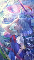 Rule 34 | 1girl, :d, blouse, blue bow, blue dress, blue eyes, blue hair, blurry, bow, bowtie, cirno, collared shirt, commentary, depth of field, dress, fish, from side, hair bow, hand on own hip, hand on own head, highres, ice, ice wings, koinobori, open mouth, piyo (sqn2idm751), puffy short sleeves, puffy sleeves, red bow, red ribbon, ribbon, shirt, short hair, short sleeves, smile, solo, touhou, upper body, water drop, white shirt, windsock, wings