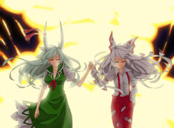 2girls bad_id bad_pixiv_id bow ex-keine female_focus fujiwara_no_mokou green_hair hair_bow hair_ribbon horns kamishirasawa_keine ke-su long_hair multiple_girls ribbon silver_hair suspenders touhou