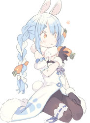Rule 34 | 1girl, :t, animal ears, black gloves, black leotard, blade (galaxist), blue hair, braid, bridal garter, brown eyes, brown pantyhose, carrot, carrot hair ornament, closed mouth, commentary request, detached sleeves, dress, eating, food, food-themed hair ornament, fur-trimmed dress, fur-trimmed gloves, fur trim, gloves, hair ornament, hand on own thigh, holding, holding food, hololive, leotard, leotard under clothes, long hair, looking away, multicolored hair, pantyhose, puffy short sleeves, puffy sleeves, rabbit ears, rabbit girl, rabbit tail, short eyebrows, short sleeves, simple background, sitting, solo, strapless, strapless dress, strapless leotard, tail, thick eyebrows, twin braids, twintails, two-tone hair, usada pekora, usada pekora (1st costume), very long hair, virtual youtuber, white background, white dress, white hair, white sleeves