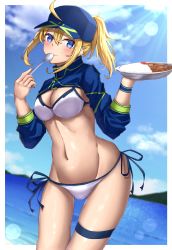 Rule 34 | 1girl, absurdres, artoria pendragon (fate), bikini, blonde hair, blue eyes, blue hat, blush, breasts, fate/grand order, fate (series), food, hat, highres, large breasts, long sleeves, looking at viewer, medium hair, mysterious heroine x (fate), mysterious heroine xx (fate), navel, outdoors, side-tie bikini bottom, smile, solo, spoon, stomach, swimsuit, thigh strap, thighs, toukan, water, white bikini