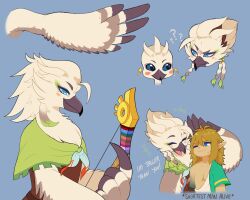Rule 34 | 2boys, :d, ;i, ?, ??, aged up, archaic set (zelda), bird boy, blonde hair, blue background, blue eyes, blue sclera, blush stickers, bow (weapon), collarbone, colored sclera, english text, furry, furry male, highres, holding, holding bow (weapon), holding weapon, link, long hair, looking at another, male focus, momo (m0m0saurus), multiple boys, nintendo, one eye closed, open mouth, rito, simple background, single bare shoulder, smile, the legend of zelda, the legend of zelda: tears of the kingdom, tulin (zelda), weapon, wings