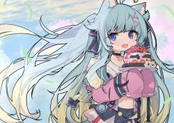 Rule 34 | 1girl, :d, ahoge, animal ear fluff, animal ears, aqua hair, blue eyes, blue sky, bow, cake, cat ears, cat girl, cat tail, choker, cloud, cloudy sky, cp2980606, day, fang, food, grass, hair flaps, highres, indie virtual youtuber, lanmewko, long hair, long sleeves, looking at viewer, navel, open mouth, outdoors, skin fang, sky, sleeves past fingers, sleeves past wrists, smile, solo, stomach, tail, tail bow, tail ornament, very long hair, virtual youtuber