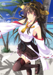 Rule 34 | 10s, 1girl, beach, boots, brown eyes, brown hair, cloud, day, headwear request, kantai collection, kongou (kancolle), nontraditional miko, ocean, outdoors, palm tree, shadow, sky, smile, solo, takanashi haruto, thigh boots, thighhighs, tree, zettai ryouiki