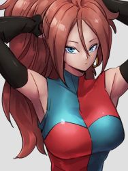 Rule 34 | 1girl, android 21, armpits, blue eyes, breasts, checkered clothes, checkered dress, closed mouth, dragon ball, dragon ball fighterz, dress, earrings, grey background, hair between eyes, hoop earrings, jewelry, kemachiku, large breasts, long hair, looking at viewer, ponytail, red hair, simple background, solo, upper body
