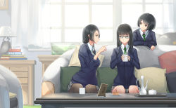 Rule 34 | 3girls, black hair, black legwear, book, brown eyes, closed mouth, cup, glasses, green eyes, indoors, kikivi, leaning on object, long hair, looking at another, multiple girls, necktie, open mouth, original, pantyhose, pleated skirt, school uniform, short hair, sitting, skirt, window