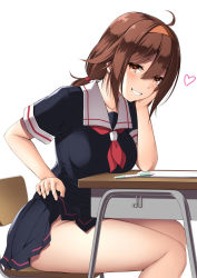 Rule 34 | 1girl, ahoge, black serafuku, black shirt, black skirt, blush, breasts, brown eyes, brown hair, chair, clothes lift, collarbone, desk, feet out of frame, from side, grin, hairband, hand on own cheek, hand on own face, heart, highres, kantai collection, kuromayu, lifted by self, long hair, looking at viewer, looking to the side, low ponytail, medium breasts, miniskirt, neckerchief, no panties, orange hairband, paper, parted lips, pen, pleated skirt, red neckerchief, school chair, school desk, school uniform, serafuku, shiratsuyu (kancolle), shirt, short sleeves, sitting, skirt, skirt lift, smile, solo, thighs