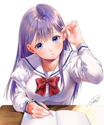 Rule 34 | 1girl, absurdres, blue eyes, blush, bow, bowtie, breasts, dated, desk, geshumaro, tucking hair, head tilt, highres, holding, holding pen, large breasts, long hair, long sleeves, looking at viewer, parted lips, pen, pov across table, purple hair, red bow, red bowtie, sailor collar, school uniform, serafuku, shirt, signature, simple background, solo, tsubaki-sama wa sakihokore nai, upper body, white background, white sailor collar, white shirt