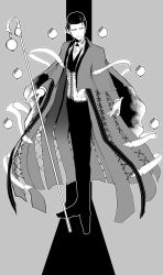 Rule 34 | 1boy, bad id, bad twitter id, cape, fate/grand order, fate (series), full body, greyscale, highres, magnifying glass, male focus, monochrome, sherlock holmes (fate), smile, solo, staff