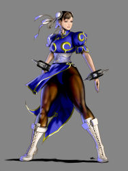Rule 34 | 1girl, bad id, bad pixiv id, boots, bracelet, brown hair, brown pantyhose, bun cover, capcom, china dress, chinese clothes, chun-li, double bun, dress, eyeshadow, full body, hair bun, jewelry, legs, makeup, muscular, pantyhose, pelvic curtain, simple background, solo, spiked bracelet, spikes, street fighter, thick thighs, thighs, wakino keibun