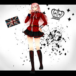 Rule 34 | 00s, 1girl, boots, cross-laced footwear, crown, flag, lace-up boots, long hair, megurine luka, miniskirt, pink hair, rezo, skirt, solo, union jack, vocaloid