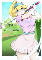 Rule 34 | 1girl, artist name, belt, belt buckle, blonde hair, blue belt, blue eyes, blue hat, border, breasts, buckle, buttons, crown, dirt road, earrings, eyelashes, flag, flagpole, glint, gloves, golf, golf club, golf course, hat, high-waist skirt, high ponytail, highres, hill, holding, holding golf club, jewelry, large breasts, lens flare, lips, looking at viewer, mario (series), mario golf, mario golf: super rush, medium hair, mini crown, nintendo, outdoors, outside border, parted lips, patreon username, pink gloves, pink shirt, pleated skirt, polo shirt, ponytail, princess peach, road, shirt, shirt tucked in, short sleeves, signature, single glove, skirt, sky, solo, standing, sweat, swinging, vialnite, visor cap, warp pipe, white border, white gloves, white skirt