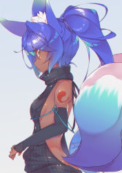 Rule 34 | 1girl, animal ears, arm ribbon, arm tattoo, backless dress, backless outfit, bare back, bare shoulders, black theme, blue hair, blue ribbon, breasts, closed mouth, dark-skinned female, dark skin, dress, elbow gloves, fox ears, fox tail, from side, gloves, halterneck, long hair, looking at viewer, medium breasts, meme attire, multiple tails, naked sweater, no bra, original, ponytail, rei no himo, ribbed sweater, ribbon, shaneru, sideboob, signature, small breasts, solo, sweater, sweater dress, tail, tattoo, turtleneck, turtleneck sweater, upper body, virgin killer sweater, weapon, yellow eyes
